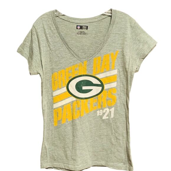 NFL Women's GREEN BAY PACKERS V-Neck Cap Sleeve T-Shirt L 1921 Graphic Football - Picture 1 of 6